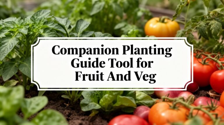 Companion planting guide tool showcasing healthy vegetables and fruits, including tomatoes and leafy greens, to enhance gardening success and plant growth.