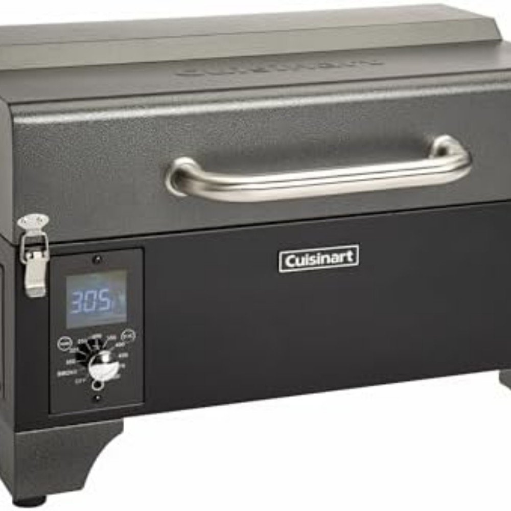 Cuisinart electric grill with digital temperature display and stainless steel handle, ideal for outdoor cooking and entertaining. Compact and efficient design.