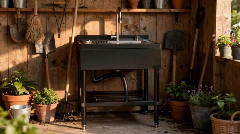 Modern gardening sink in a rustic shed, surrounded by potted plants and gardening tools, ideal for outdoor cleaning and potting tasks.