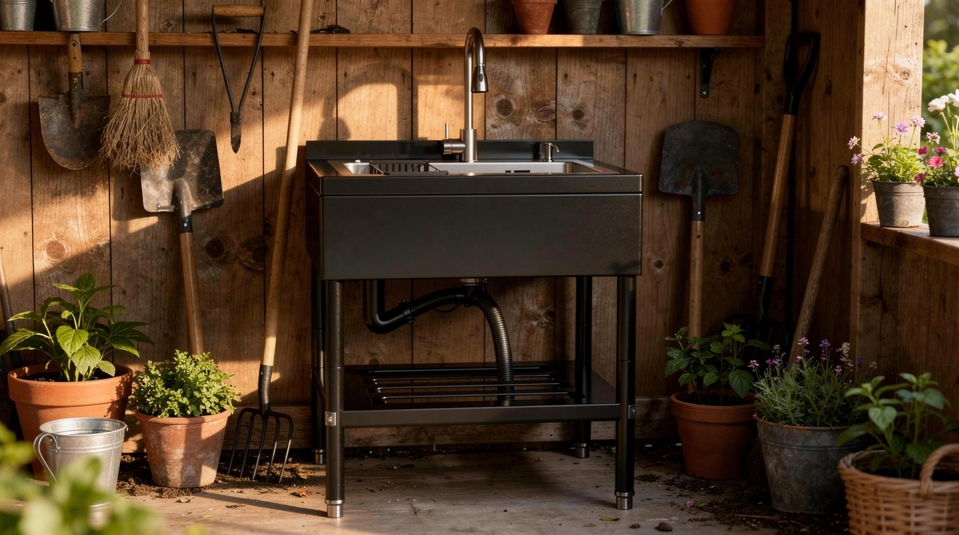 Modern gardening sink in a rustic shed, surrounded by potted plants and gardening tools, ideal for outdoor cleaning and potting tasks.