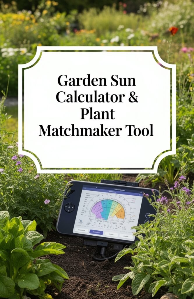 Garden sun calculator and plant matchmaker tool displayed on a device in a vibrant garden, assisting in optimal plant growth and sunlight measurement.