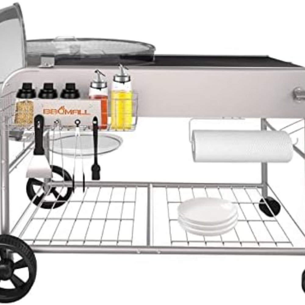 Stainless steel outdoor griddle cart with condiment bottles, cooking tools, and storage space for plates and paper towels, perfect for grilling enthusiasts.