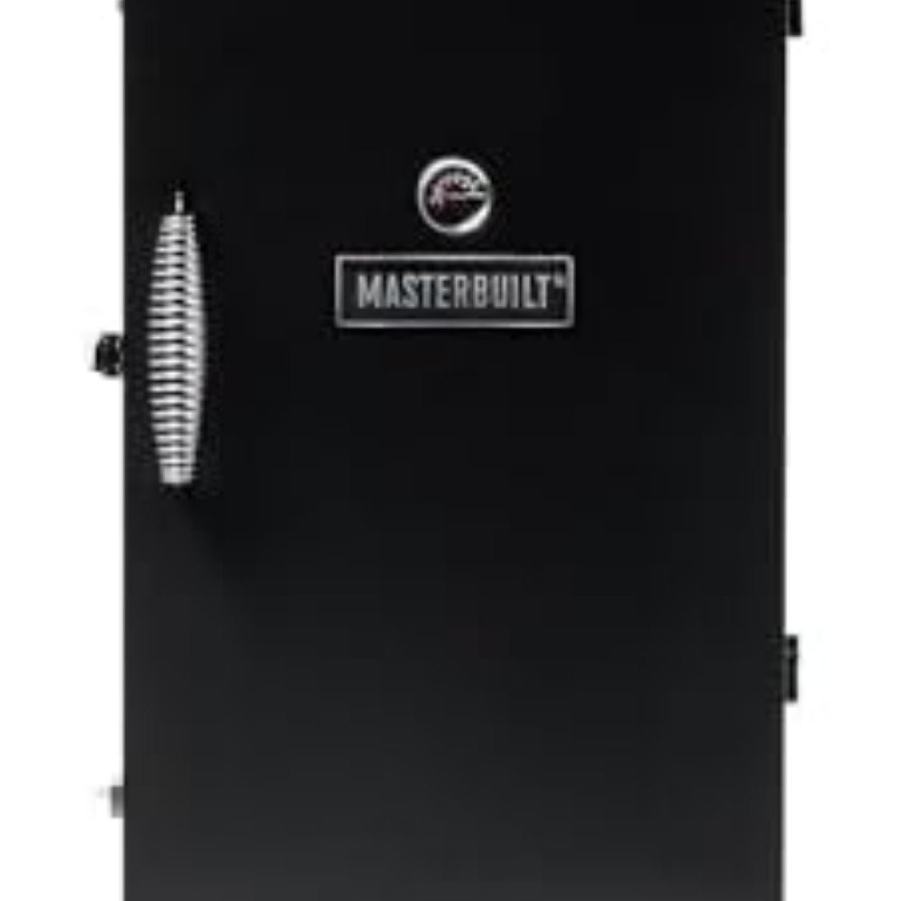 Masterbuilt electric smoker with a sleek black design, ideal for outdoor cooking and smoking meats to perfection. Perfect for BBQ enthusiasts.