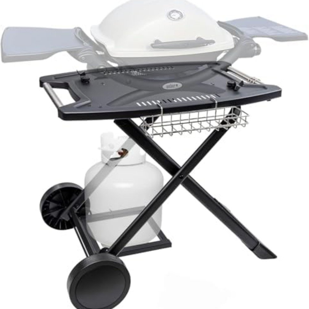 Portable gas grill with side tables and storage basket, designed for outdoor cooking and barbecues, featuring a sturdy wheeled cart for easy mobility.