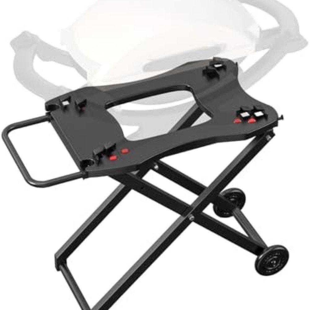 Portable grill stand with adjustable height, sturdy metal frame, and wheels for easy mobility, ideal for outdoor cooking and barbecues.
