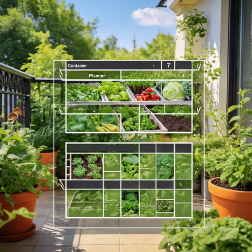 Container gardening planner displaying various vegetables and herbs on a sunny balcony, surrounded by lush green plants in terracotta pots.