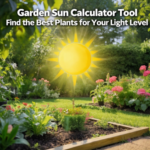 Garden sun calculator tool illustration, showcasing a sunny garden with vibrant flowers and plants, helping users select the best plants for their light conditions.