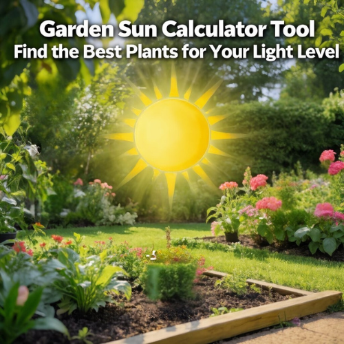 Garden sun calculator tool illustration, showcasing a sunny garden with vibrant flowers and plants, helping users select the best plants for their light conditions.