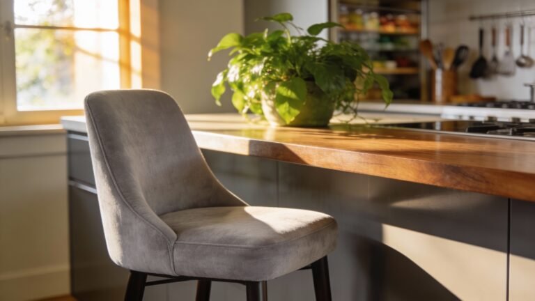 Modern kitchen with a gray chair and a vibrant green plant on a wooden countertop, illuminated by natural sunlight streaming through a window.
