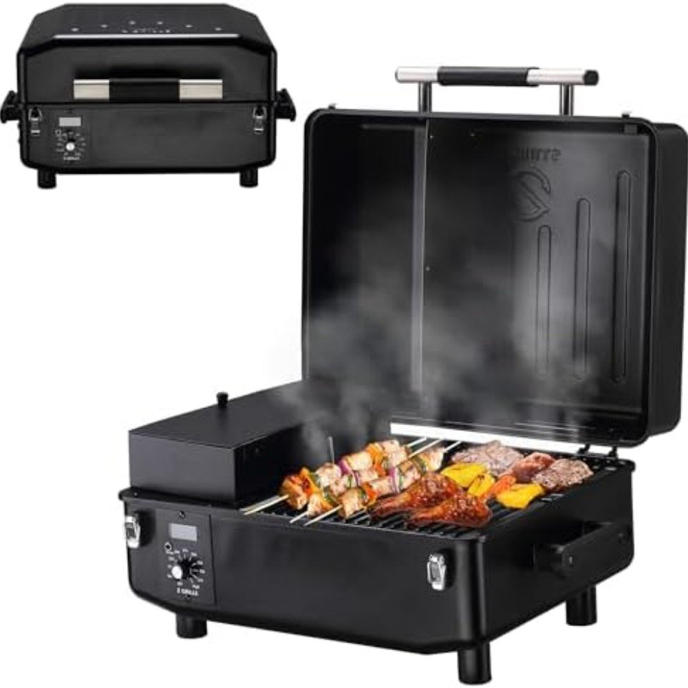 Portable electric grill with smoke rising, showcasing skewers and meat grilling, ideal for outdoor cooking and backyard barbecues. Compact design for easy storage.