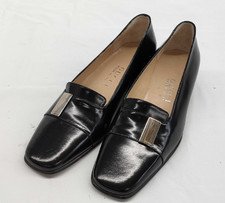Authentic GUCCI Vintage Square Toe Pumps Silver Logo Plate Black Leather 5 B Box