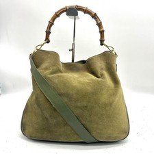 Auth Gucci 2way Bamboo Suede Shoulder Bag Tote Bag Green 2Y4046
