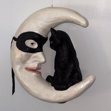 Bethany Lowe Halloween Paper Mache Hallow's Eve Cat on Moon Wall/Door Decor
