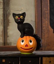 Bethany Lowe Vintage Seated Black Cat on Pumpkin Halloween Figure TL3361