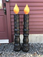 Blow Mold Halloween Haunted House Candles Orange Flame Empire Mold PAIR Big 45”