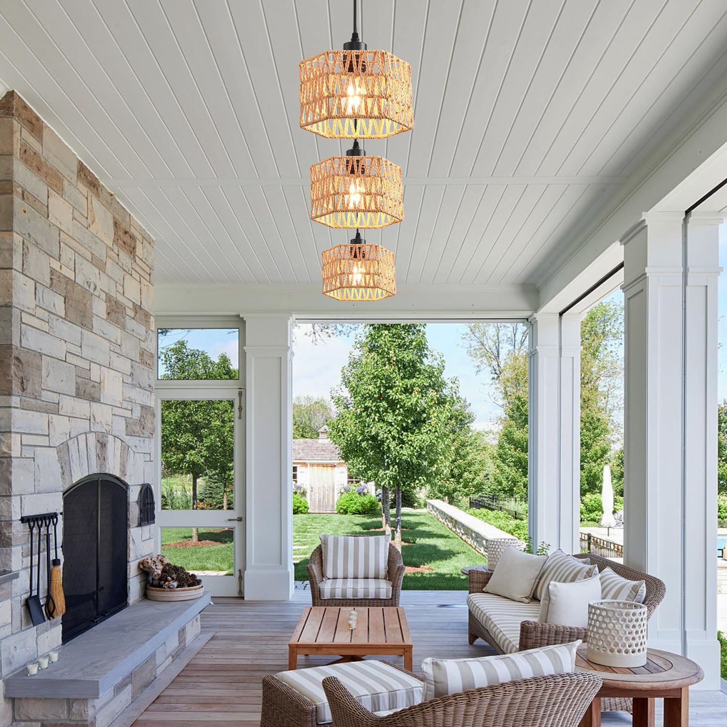 Boho Woven Rattan Pendant Chandelier Light