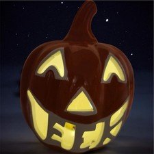 Candy Corn Lane LED Lighted Orange Ceramic Pumpkin “EEK” Halloween Décor