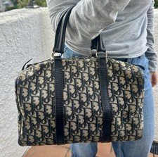 Christian Dior Vintage Trotter Boston Bag 30 Navy Beige Monogram Canvas Leather