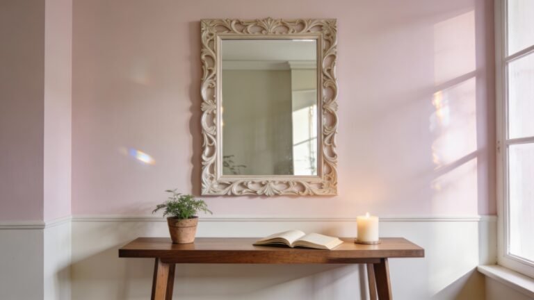 Elegant interior scene featuring a decorative mirror, wooden table, potted plant, open book, and a lit candle against a soft pink wall.