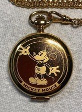 Disney Mickey Mouse Gold Plated Pulsar Quartz Pocket Watch with Chain