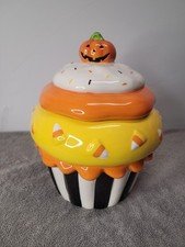 Halloween Pumpkin Cupcake Cookie Jar Ceramic Kohls Retired Candy Corn 10"