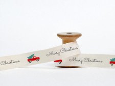 Merry Christmas Ribbon, Vintage Red Truck & Pine - 5/8” (15 Mm), 10 Yards (9 M)
