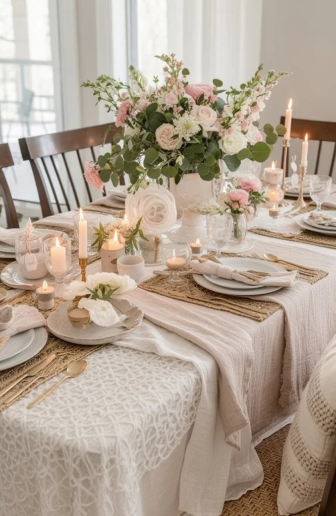 Elegant dining table set with floral centerpiece, candles, and stylish tableware, perfect for gatherings and special occasions.