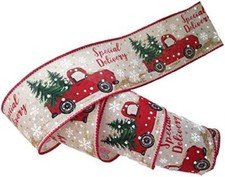 Red Ribbon Christmas Trees Vintage Truck Featuring Snowflakes Gold Glitter Snow