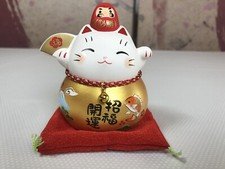 Small Lucky Maneki Neko Cat Gold Ceramic Japanese Beckoning Fortune Figurine