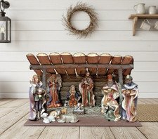 Vintage (11) Piece Porcelain Nativity Set With Large Hay Covered Wooden Stable