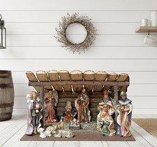 Vintage (11) Piece Porcelain Nativity Set With Large Hay Covered Wooden Stable