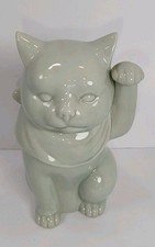 Vintage 1980s Celadon Maneki Neko Cat Figure Figurine Made In Japan Left Paw Up
