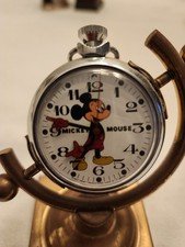 Vintage Bradley WALT DISNEY Mickey Mouse Pocket Watch With Brass Display Holder