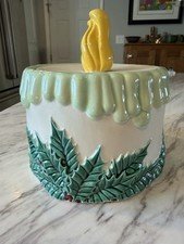 Vintage Ceramic Christmas Cookie Jar Candle w/ Holly Leaves & Yellow Flame Lid
