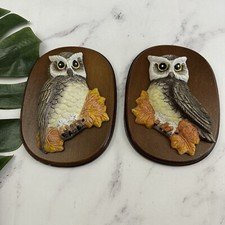 Vintage Ceramic Wood Mounted Owl Wall Art Brown Birds 70s Cottage Taiwan Decor