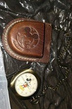 Vintage Disney Mickey Mouse Pocket Watch W/Leather Case, Original Box &...