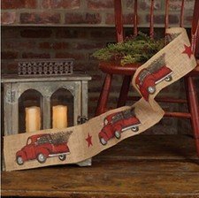 Vintage Red Truck Burlap 4” By 10’ Christmas Ribbon -Vintage Country Primitive
