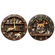 Wall Clock 11.81 Inch Cat Theme Wooden Decoration Cute Animal Clock for Home