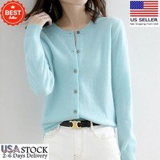 Women Cardigan Solid Color Sweater Cashmere Blend Simple Crew Neck Jacket Coat