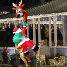 7.5FT Hanging Christmas Inflatables, Climbing Santa w/ Dog Reindeer Blow Up Roof