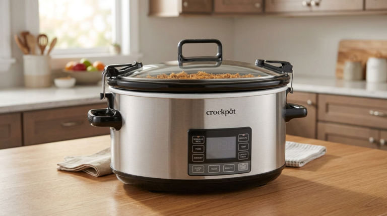 Crockpot slow cooker on a wooden kitchen countertop, featuring a digital display and glass lid, ideal for easy meal preparation and cooking.