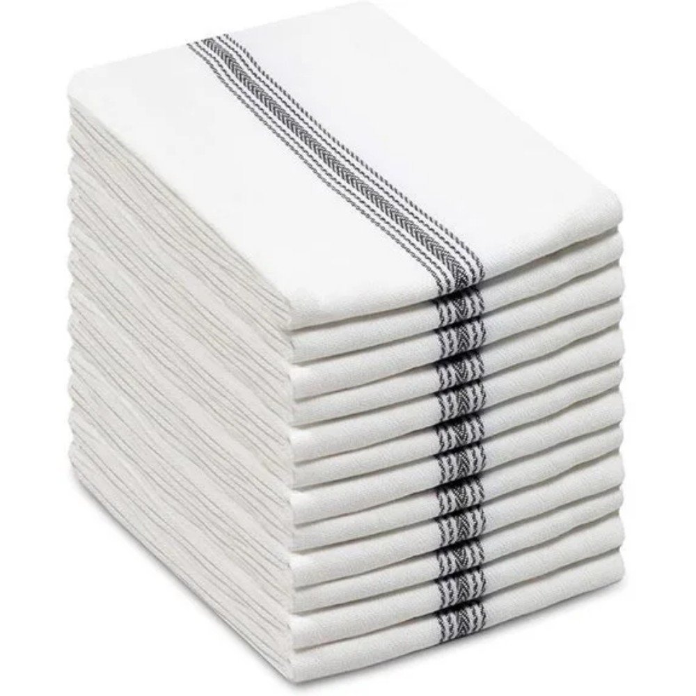 Stack of white kitchen towels with a black decorative stripe, ideal for drying dishes and enhancing kitchen aesthetics. Durable and highly absorbent fabric.