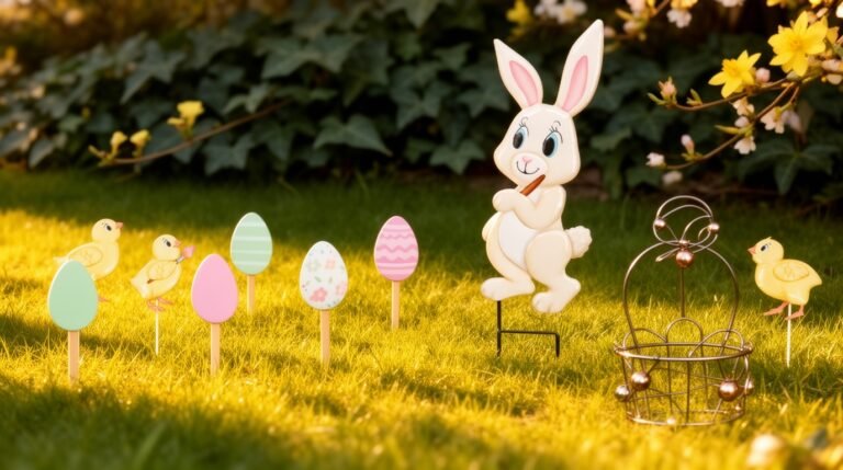 Easter-themed garden scene featuring a cute bunny, colorful eggs, and playful chicks, perfect for spring celebrations and festive decorations.