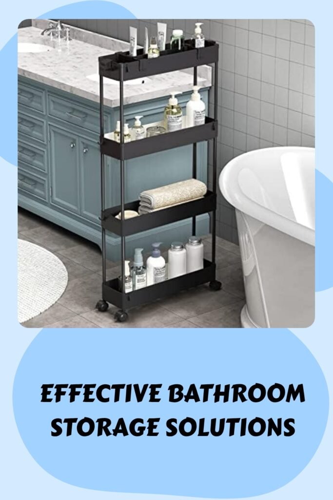 Rolling bathroom storage cart with shelves for organizing toiletries and towels, set against a stylish bathroom background featuring a sink and bathtub.