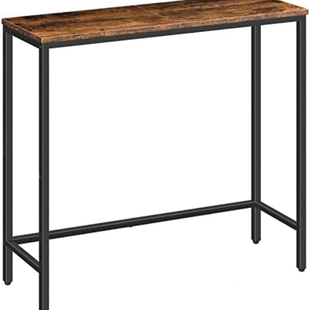 Wooden console table with a rustic finish and black metal frame, perfect for entryways or living spaces, combining style and functionality.