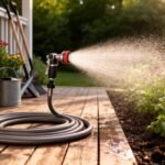 Garden hose watering vibrant flowers on a wooden deck, showcasing gardening tools and lush greenery in a sunlit outdoor setting.