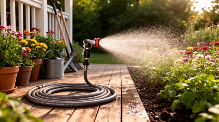 Garden hose watering vibrant flowers on a wooden deck, showcasing gardening tools and lush greenery in a sunlit outdoor setting.
