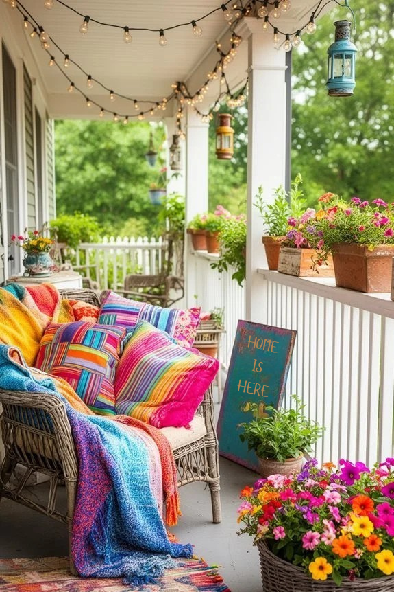 Colorful porch decor with vibrant pillows, cozy blankets, and flower pots, creating a welcoming outdoor space illuminated by string lights. Perfect for relaxation.