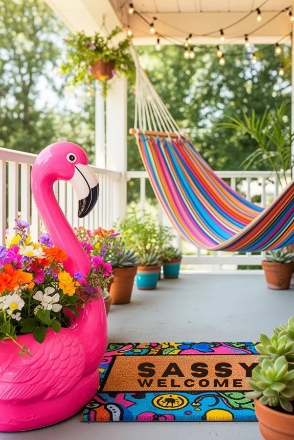 Colorful porch featuring a pink flamingo planter, vibrant hammock, and a decorative welcome mat, creating a cheerful and inviting outdoor space.