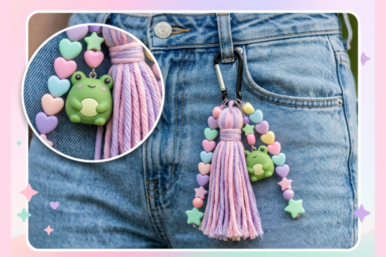 Colorful frog charm keychain with pastel heart and star beads, featuring a playful tassel, attached to denim jeans for a trendy accessory look.